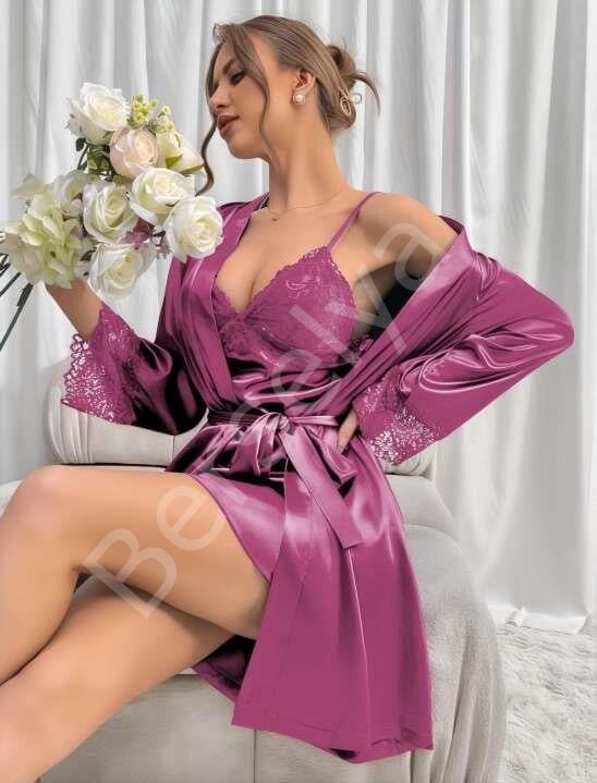 Dantel İşlemeli İnce Askılı Lila 2'li Saten Gecelik Sabahlık Takımı