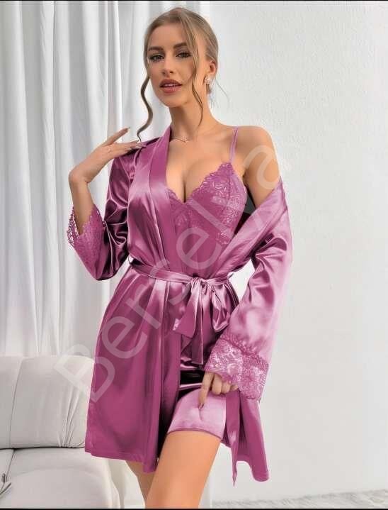 Dantel İşlemeli İnce Askılı Lila 2'li Saten Gecelik Sabahlık Takımı