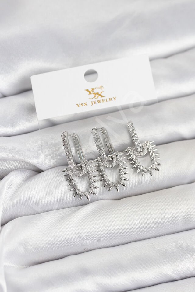 Pirinç Gümüş Renk Zirkon Taşlı Vintage Model YSX Trio Küpe Seti