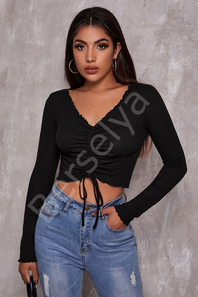 Kadın Siyah Uzun Kollu Büzdürme Bağcık Detaylı Crop Top Bluz