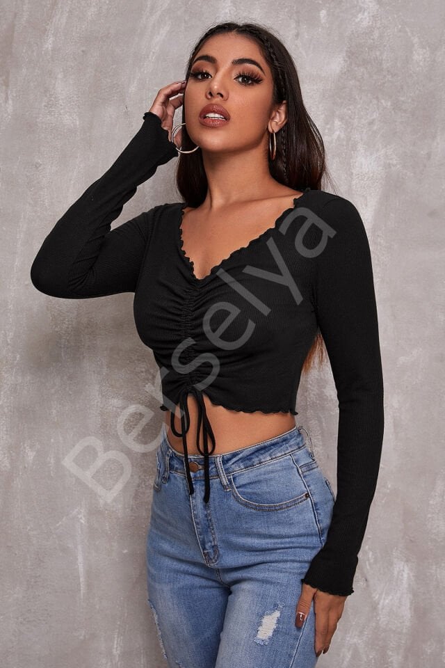 Kadın Siyah Uzun Kollu Büzdürme Bağcık Detaylı Crop Top Bluz