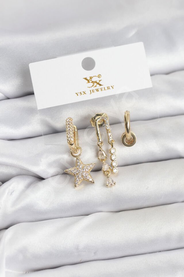 Pirinç Gold Renk Zirkon Taşlı Yıldız Vintage Model YSX Trio Küpe Seti