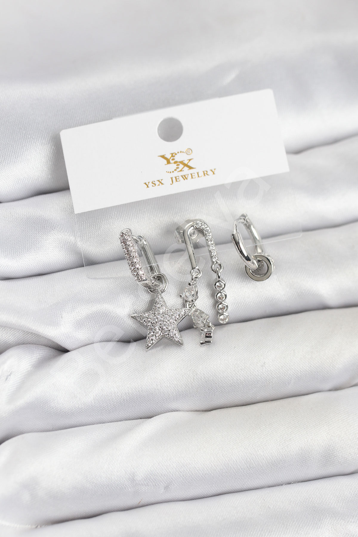 Pirinç Gümüş Renk Zirkon Taşlı Yıldız Vintage Model YSX Trio Küpe Seti