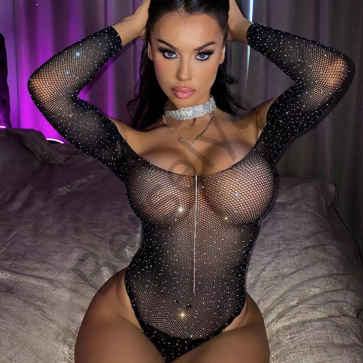 Kadın Göğüs Dekolteli Taşlı File Bodysuit Vucut Çorabı