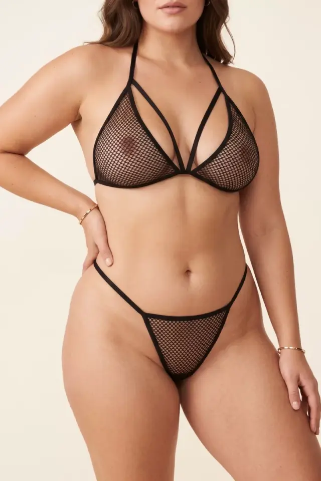 Siyah Boyundan Bağlamalı File Bralet Ve T-string Fantazi Takım