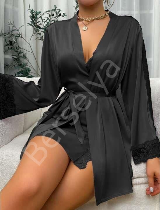 Dantel İşlemeli İnce Askılı Siyah 2'li Saten Gecelik Sabahlık Takımı