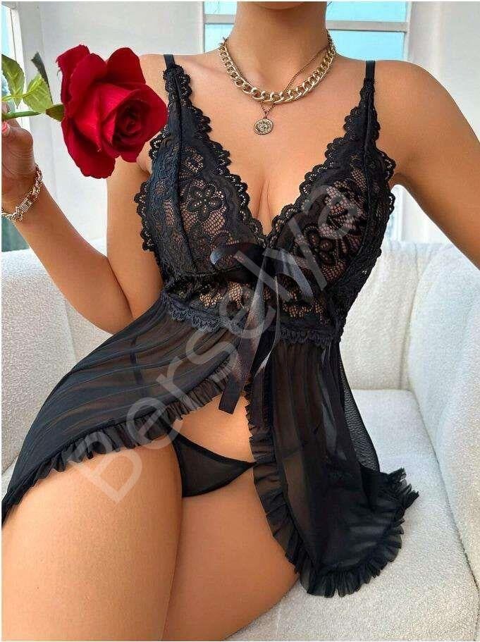 Özel Tasarım Siyah Dantel İşlemeli Yırtmaçlı Kurdelalı Tül Fantezi Şık Gecelik