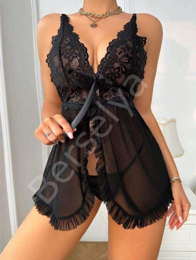 Özel Tasarım Siyah Dantel İşlemeli Yırtmaçlı Kurdelalı Tül Fantezi Şık Gecelik