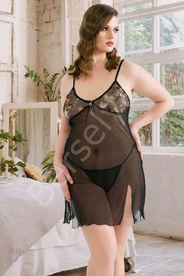 Kadın Fantezi Büyük Beden Tül Gecelik Harness Erotik Kıyafet 5300 Siyah