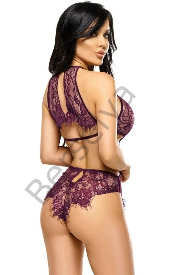 Mor Dantel İşlemeli Boyundan Bağlamalı Fantezi Mayokini