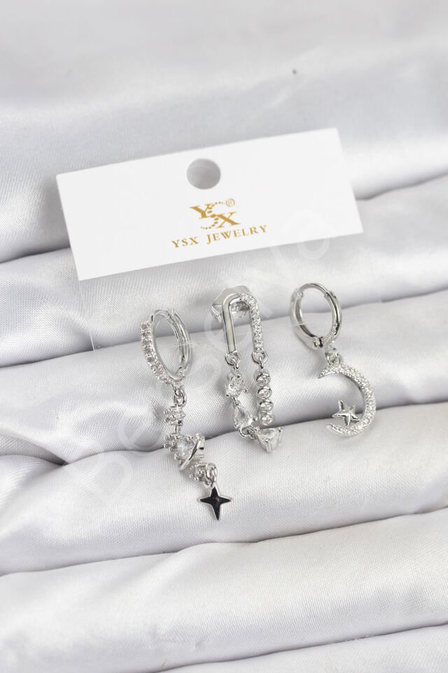 Pirinç Gümüş Renk Zirkon Taşlı Uzay Model YSX Trio Küpe Seti