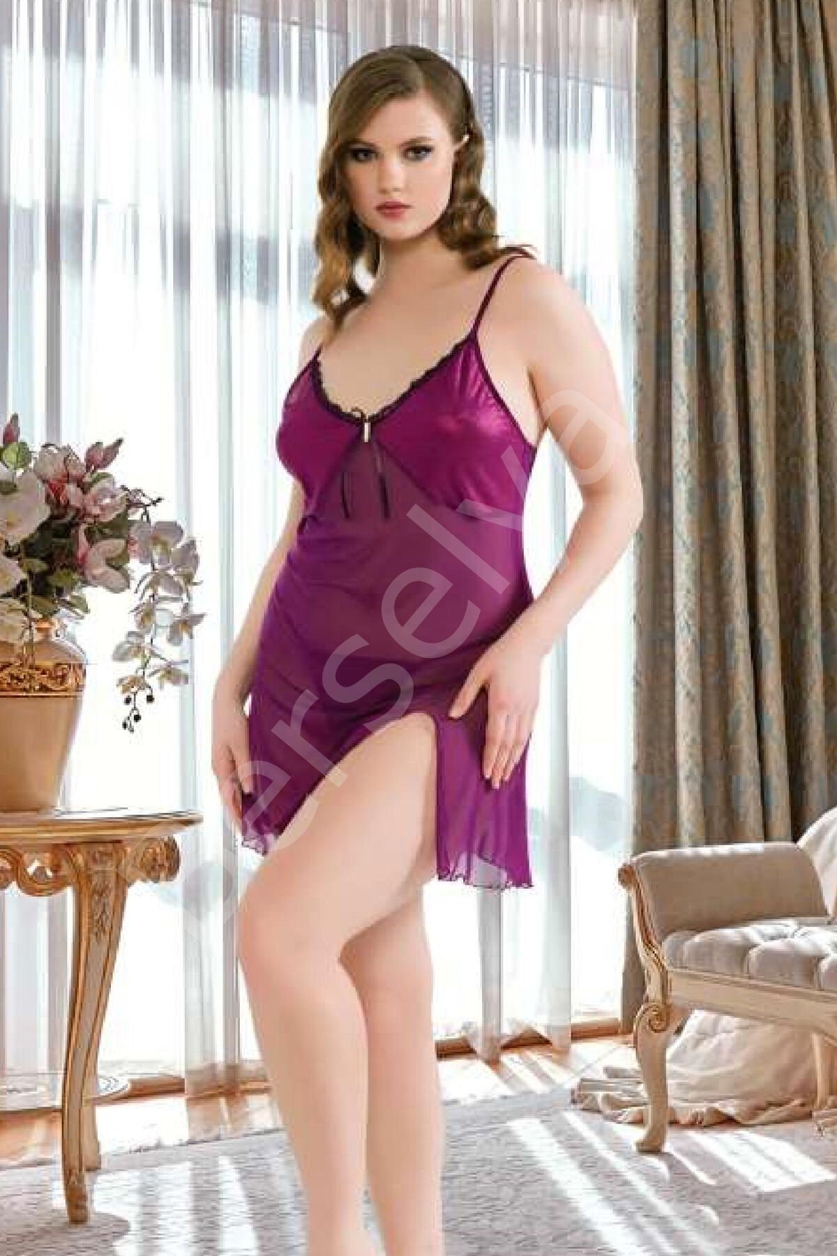 Kadın Fantezi Büyük Beden Tül Gecelik Harness Erotik Kıyafet 5312 Lila