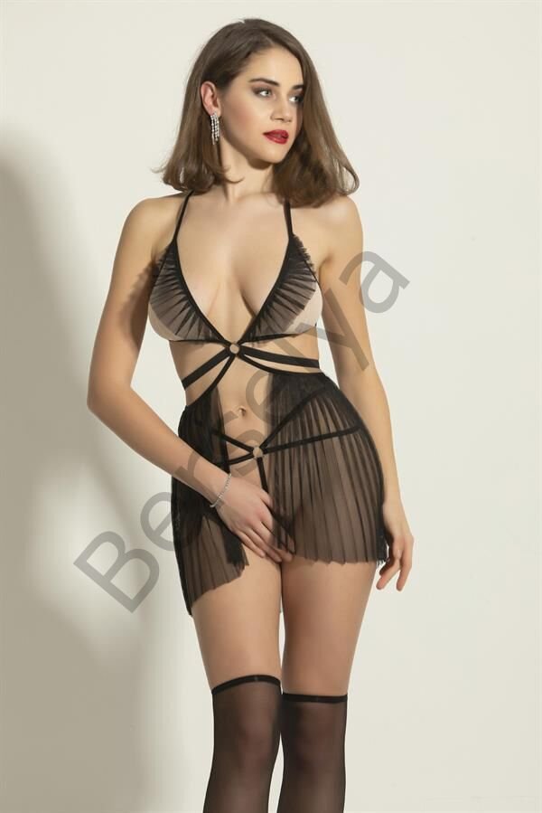 Fantezi Pileli Babydoll Takım Siyah (brf6352)