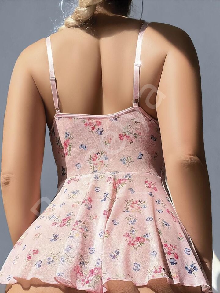 Pembe Dantel İşlemeli Çiçek Desenli Fantezi Gecelik