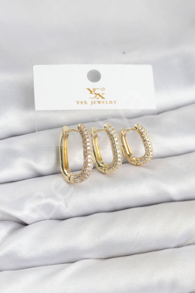 Pirinç Gold Renk Zirkon Taşlı Halka Model YSX Trio Küpe Seti