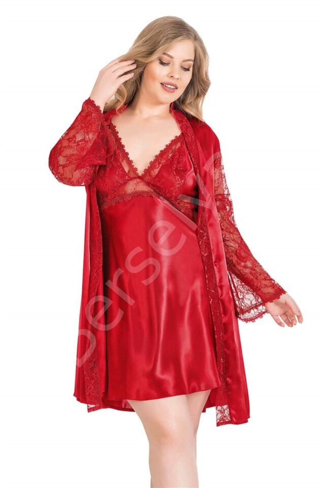 Büyük Beden Kırmızı Kısa İkili Saten Sabahlık Gecelik Takımı