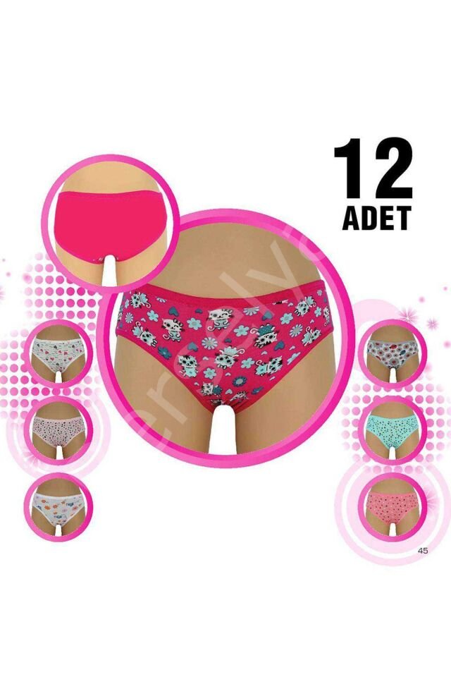 12 Adet Kız Çocuk Desenli Slip Külot 9-10 YAŞ