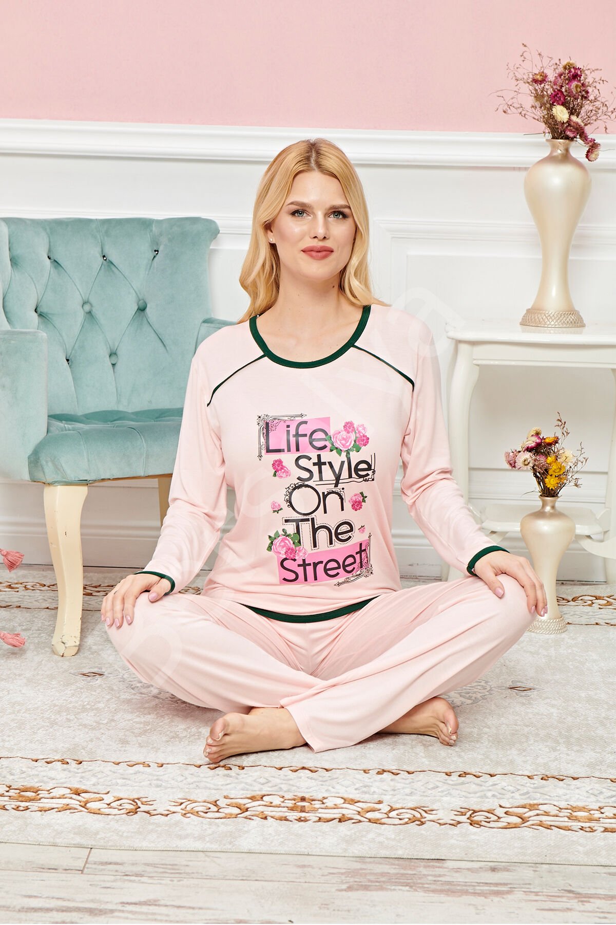 Bayan Uzun Kollu Pijama Takımı Model No 7613