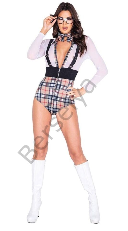 Ekoseli Papyonlu Fantezi Body Kostüm