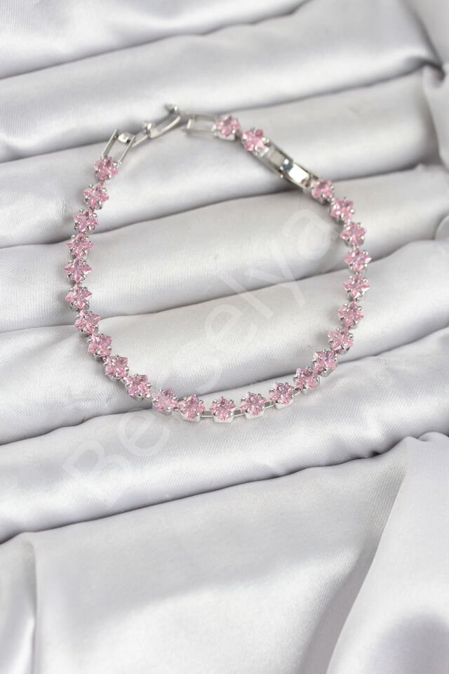 Pembe Kare Zirkon Taşlı Gümüş Renk Pirinç Su Yolu Kadın Bileklik