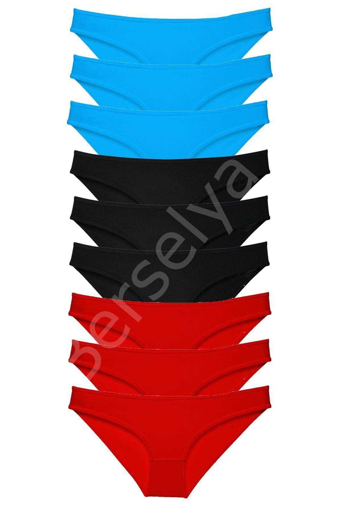 9 adet Süper Eko Set Likralı Kadın Slip Külot Siyah Kırmızı Mavi S
