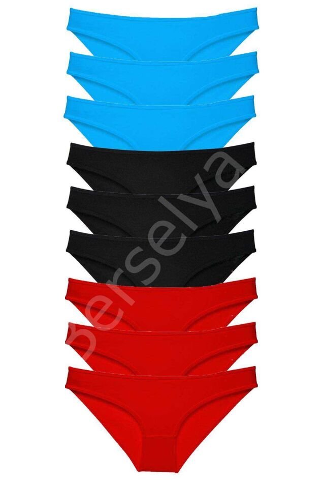 9 adet Süper Eko Set Likralı Kadın Slip Külot Siyah Kırmızı Mavi S