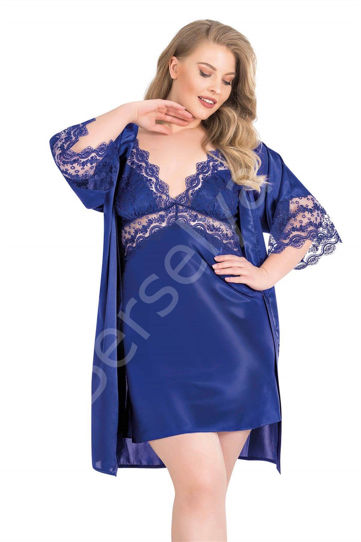 Büyük Beden Saks Kısa İkili Saten Sabahlık Gecelik Takımı 6155