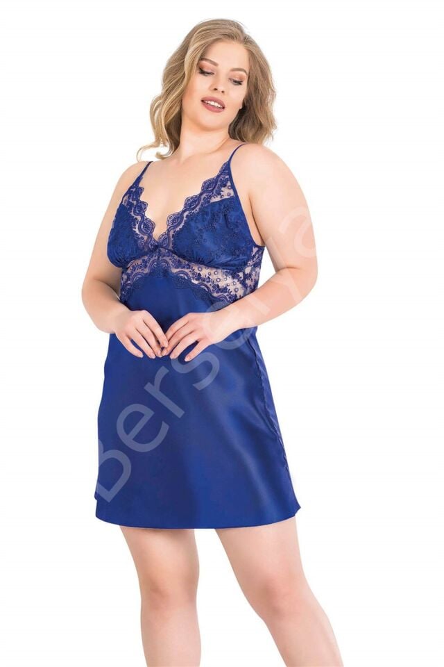 Büyük Beden Saks Kısa İkili Saten Sabahlık Gecelik Takımı 6155