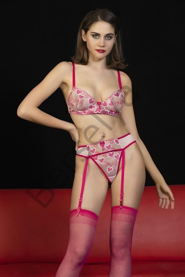 Fantezi Transparan Sütyen Jartiyer Takım Fuşya (brf6412)