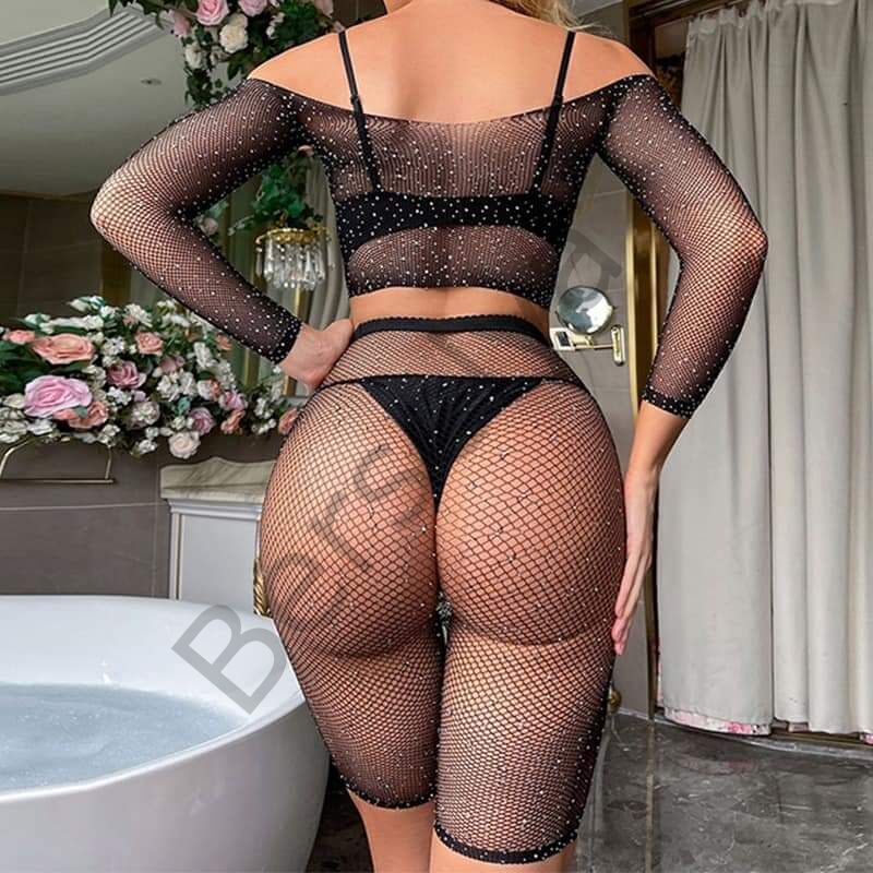 2 Parça Taşlı Omuzları Açık Crop- Şort Vücut Çorabı