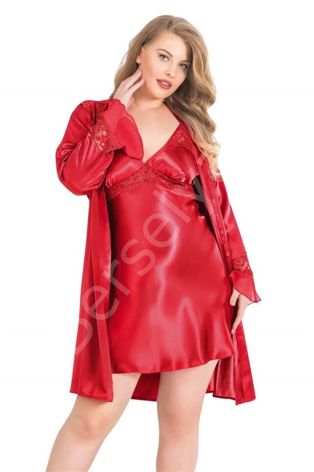Büyük Beden Kırmızı Kısa İkili Saten Sabahlık Gecelik Takımı