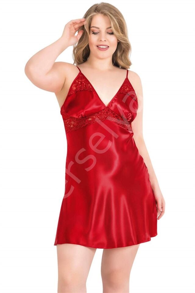 Büyük Beden Kırmızı Kısa İkili Saten Sabahlık Gecelik Takımı