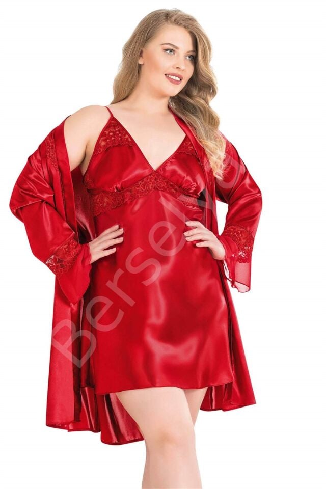 Büyük Beden Kırmızı Kısa İkili Saten Sabahlık Gecelik Takımı