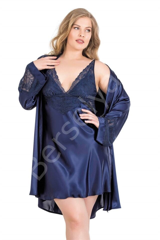 Büyük Beden Lacivert Kısa İkili Saten Sabahlık Gecelik Takımı
