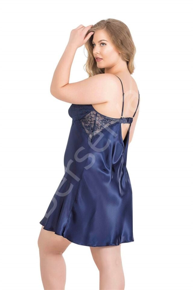 Büyük Beden Lacivert Kısa İkili Saten Sabahlık Gecelik Takımı