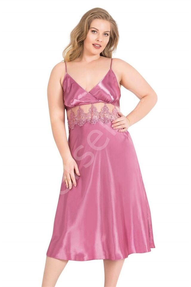 Büyük Beden Gül Kurusu Uzun İkili Saten Sabahlık Gecelik Takımı