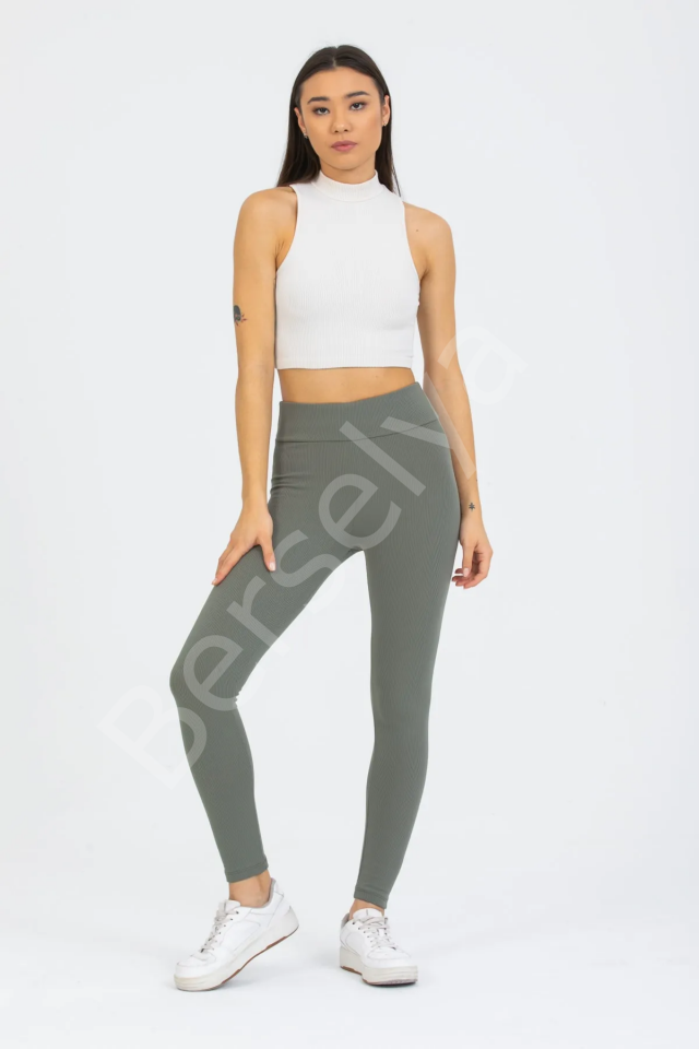 Haki Yüksek Bel Fitilli Tayt 0608