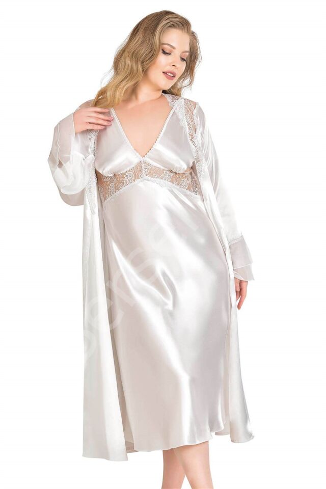 Büyük Beden Ekru Uzun İkili Saten Sabahlık Gecelik Takımı