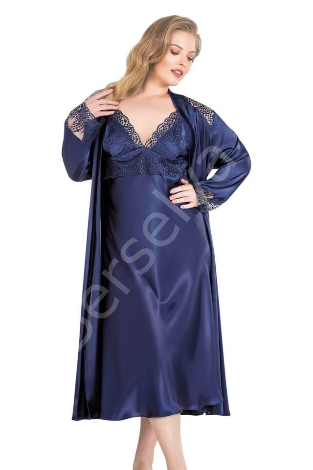 Büyük Beden Lacivert Uzun İkili Saten Sabahlık Gecelik Takımı