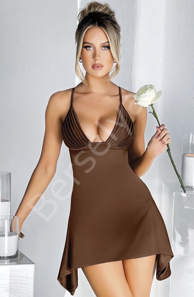 Özel Tasarım İnce Askılı Göğüs Dekolteli Kahverengi Mini Saten Gecelik