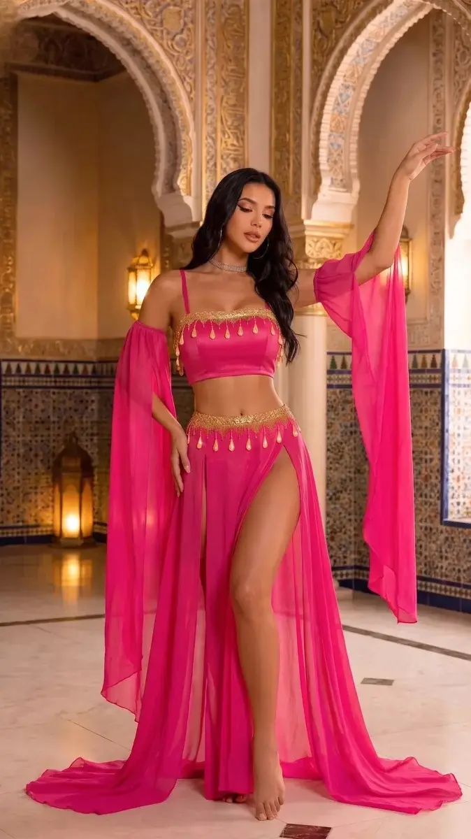 Kadın Pembe Parlak Süslemeli Şık Fantezi Dansöz Elbisesi