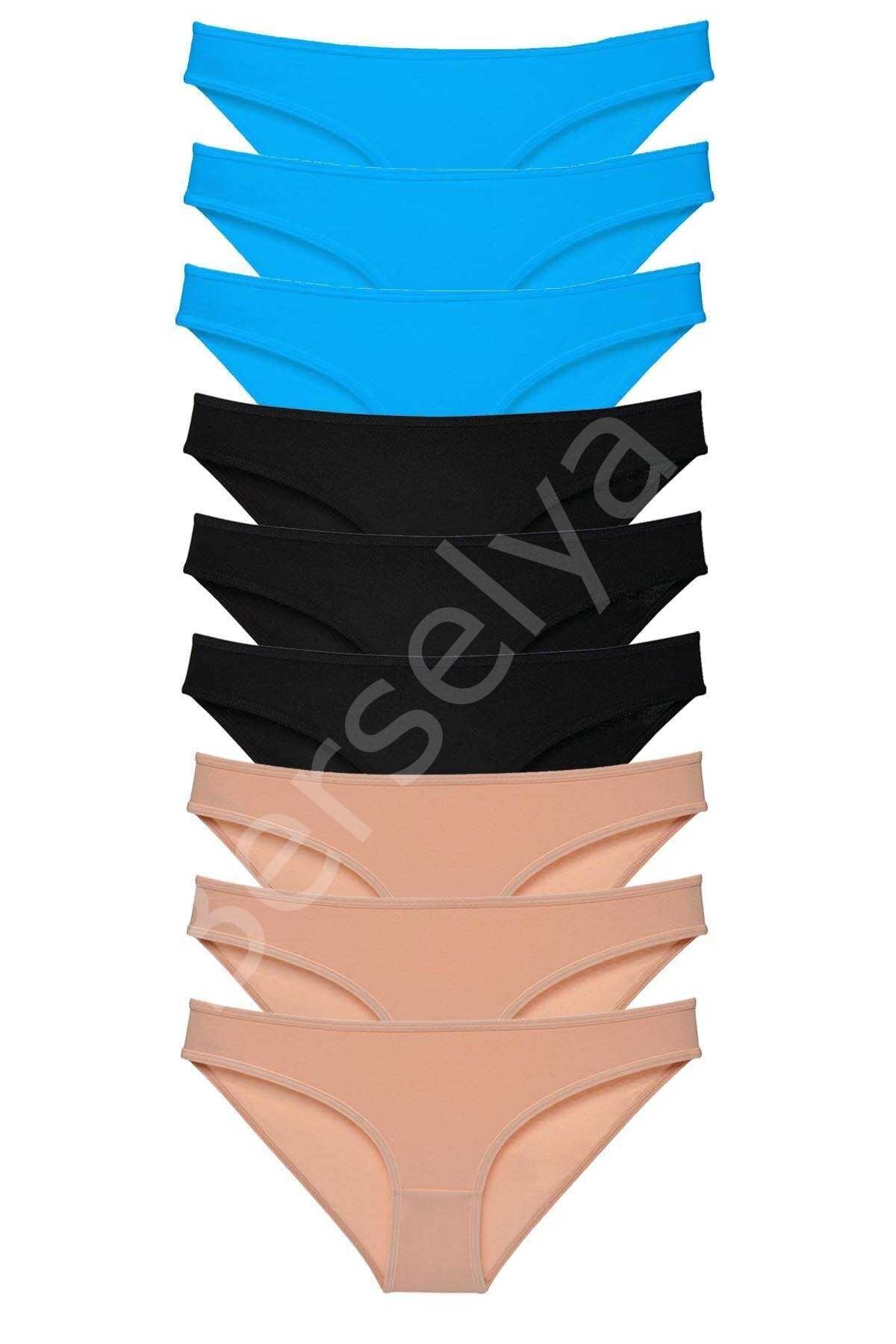 9 adet Süper Eko Set Likralı Kadın Slip Külot Siyah Ten Mavi L