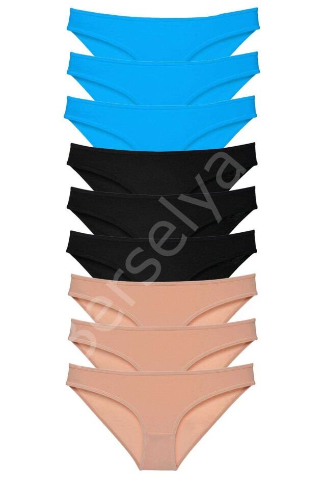 9 adet Süper Eko Set Likralı Kadın Slip Külot Siyah Ten Mavi L