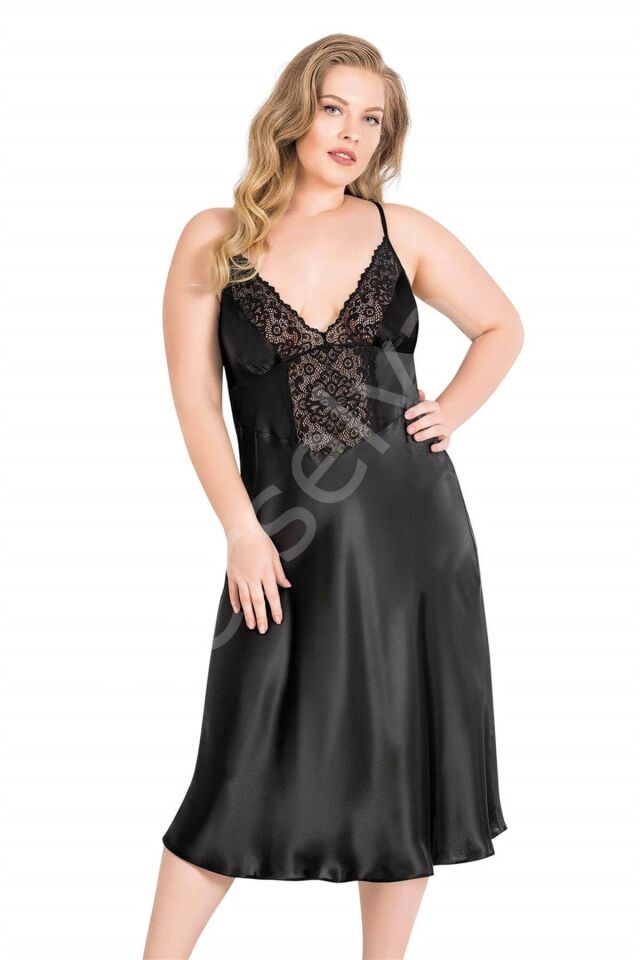 Büyük Beden Siyah Uzun Saten Gecelik