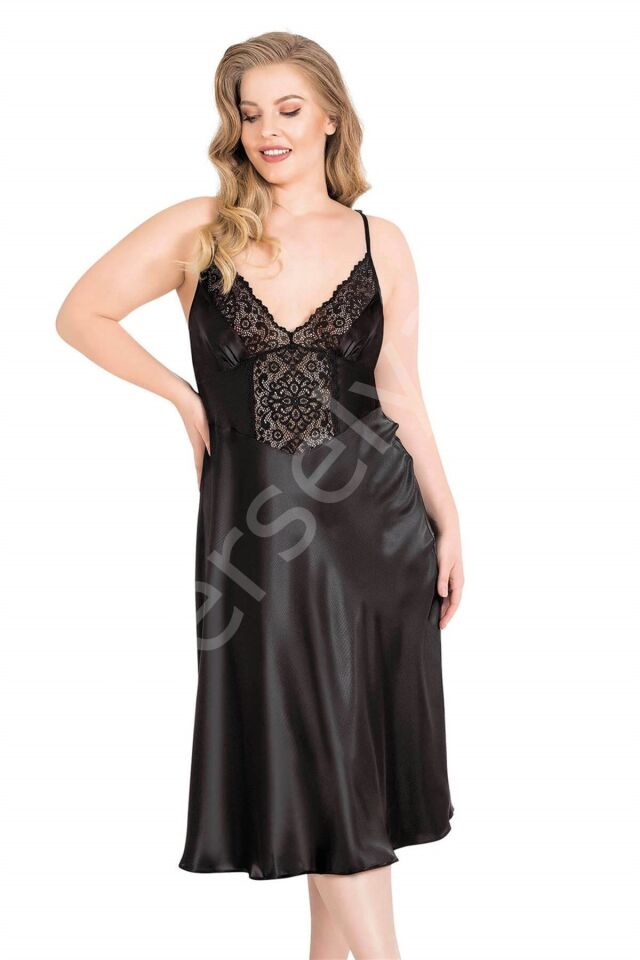 Büyük Beden Siyah Uzun Saten Gecelik