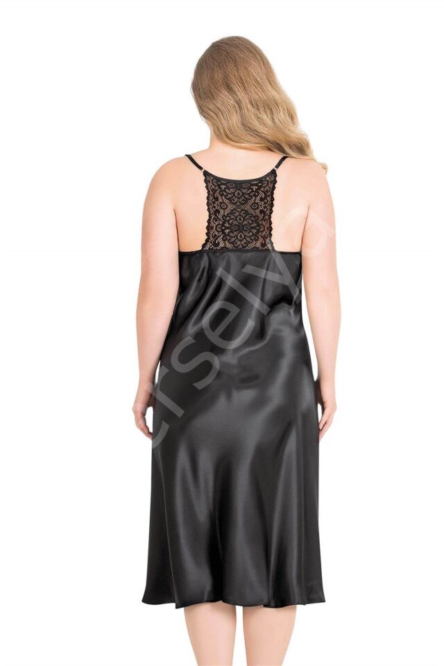 Büyük Beden Siyah Uzun Saten Gecelik