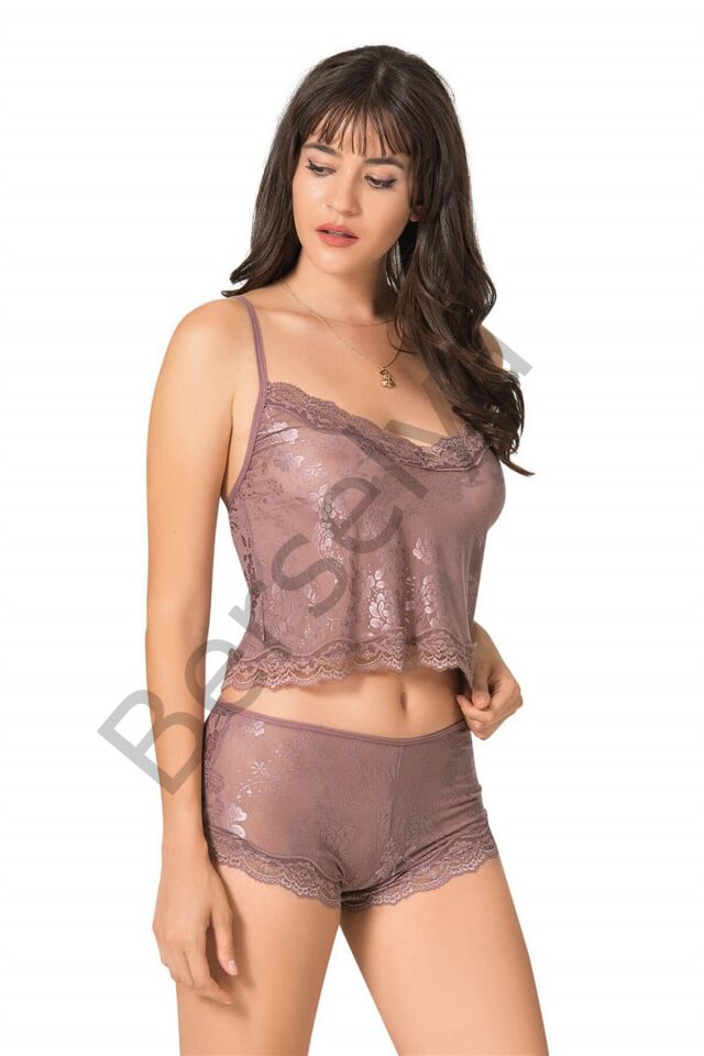 Vizon Jakarlı Babydoll Şort Takımı