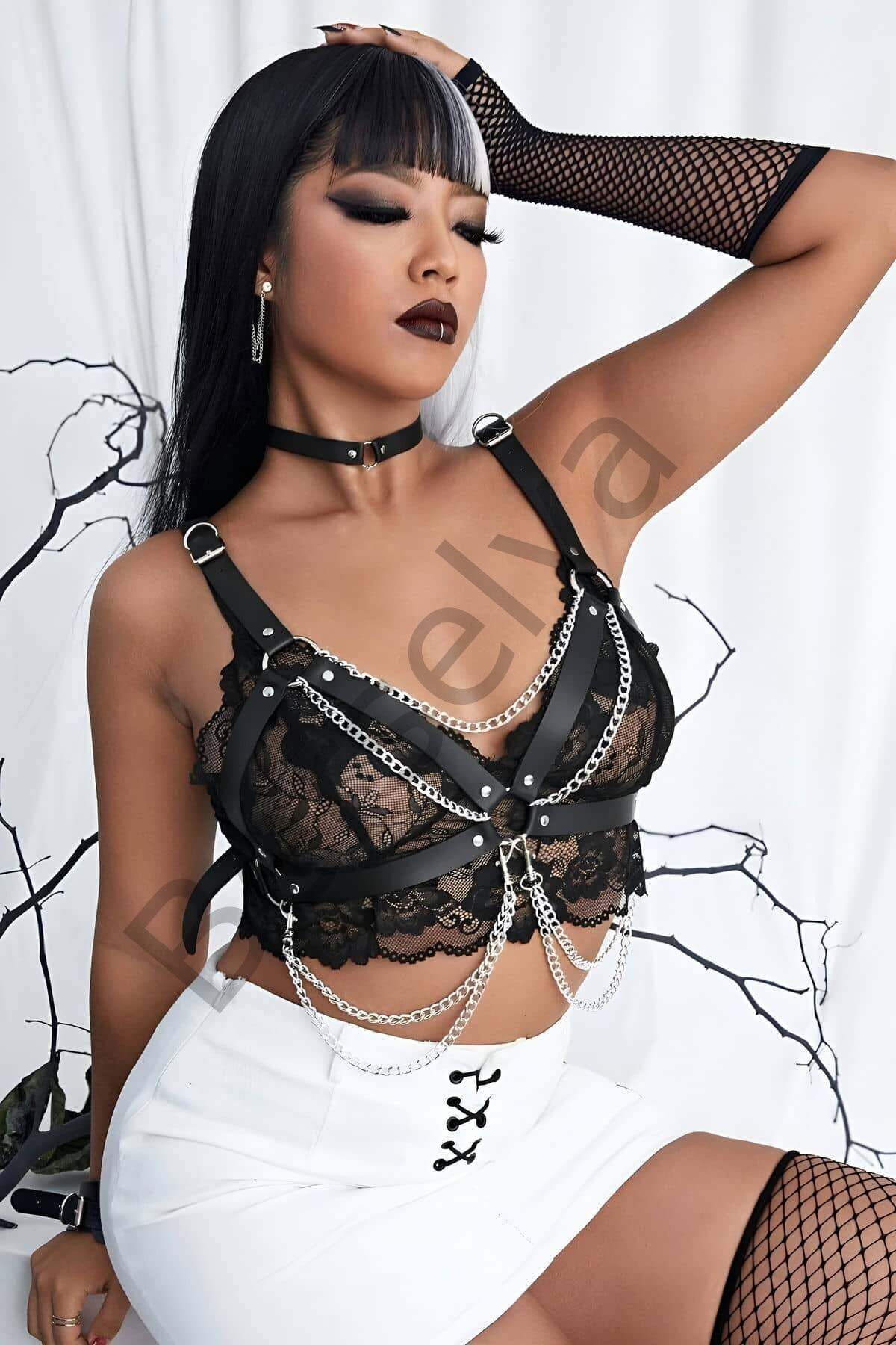 Şık Deri Zincirli Göğüs Tasma Ve Bileklik Takım Harness - Brf952