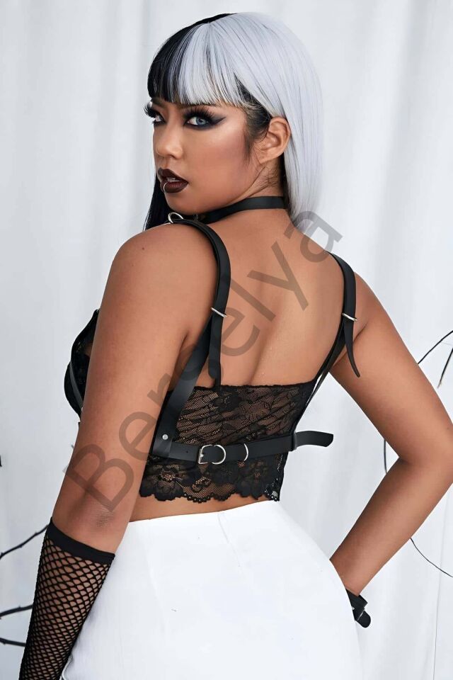 Şık Deri Zincirli Göğüs Tasma Ve Bileklik Takım Harness - Brf952