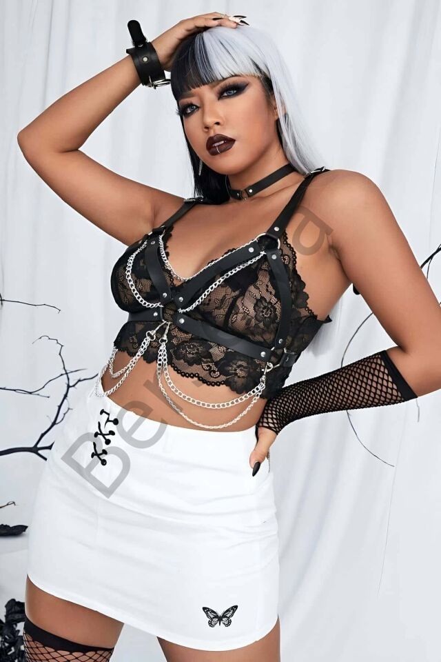 Şık Deri Zincirli Göğüs Tasma Ve Bileklik Takım Harness - Brf952